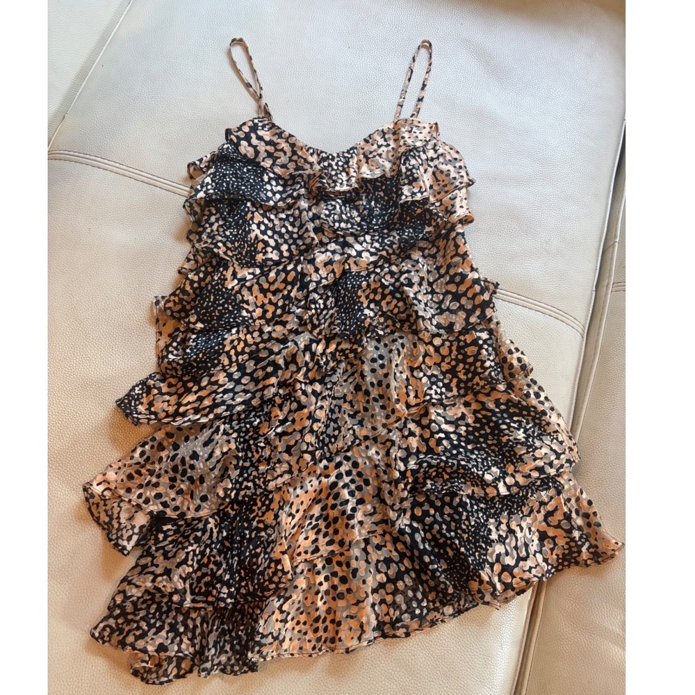 Rachel Zoe Black Leopard size 2 Print Tiered Ruffle Mini Dress Tan Spaghetti